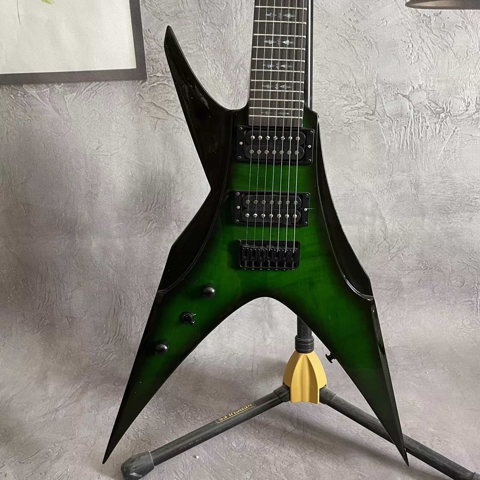 Customized Left-Hand Bird of Prey Electric Guitar H-H Pickup Flamed Green Burst
