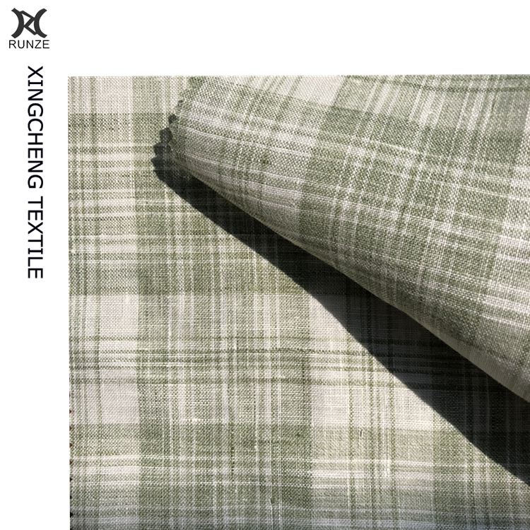 Green And White Check Linen Fabric For Suits With High- 21S*21S Yarn Count Yarn Dyed