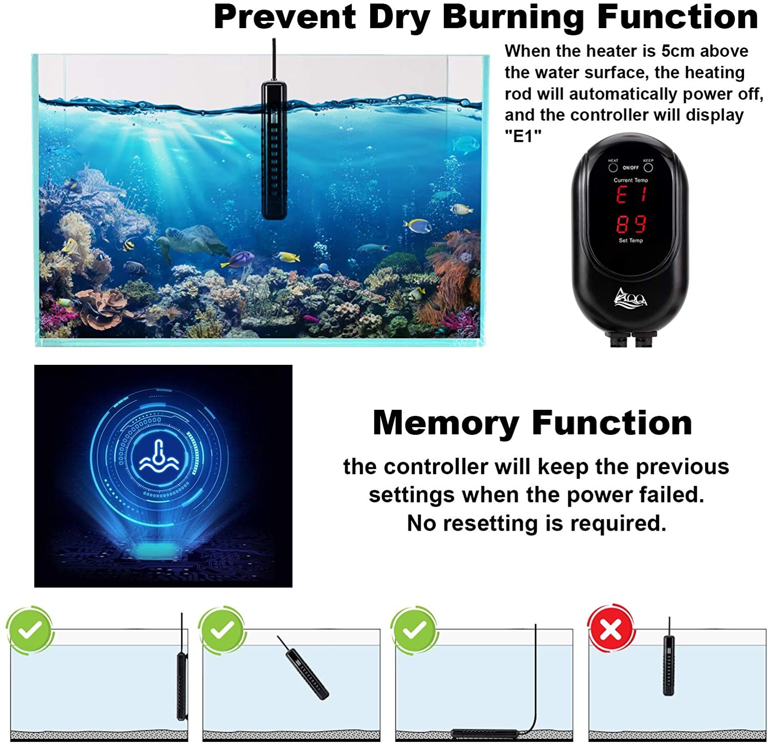 Temperature Controller Submersible Aquarium Heater Rectangle For 95gal Tank