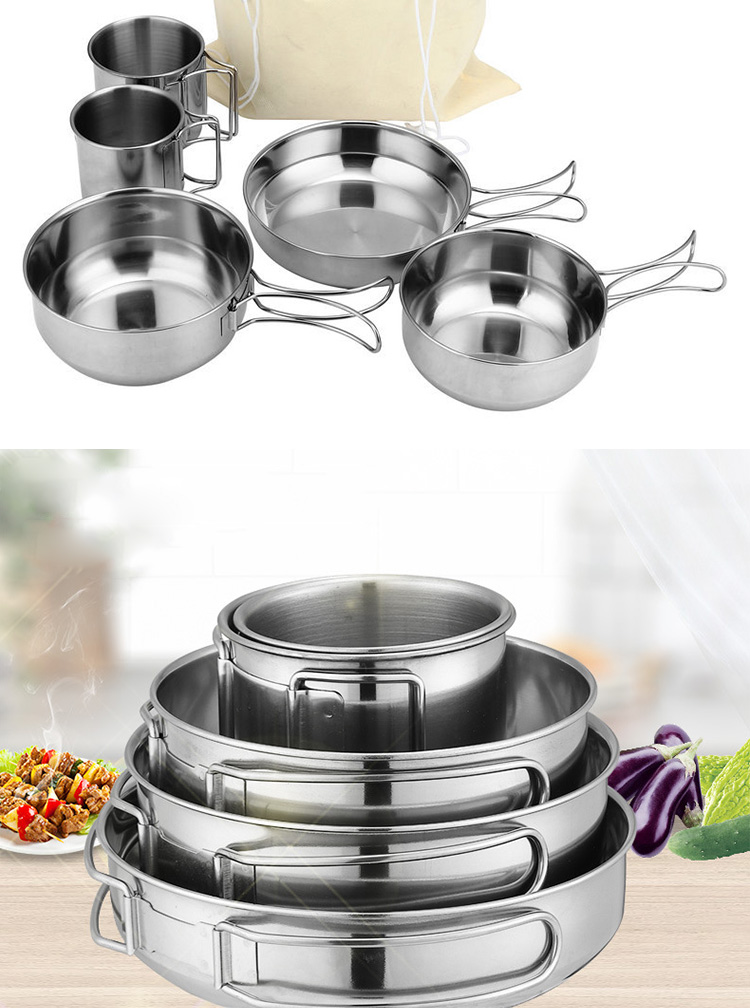 Camping 5pcs Outdoor Cookware Set Stainless Steel Picnic Cookware
