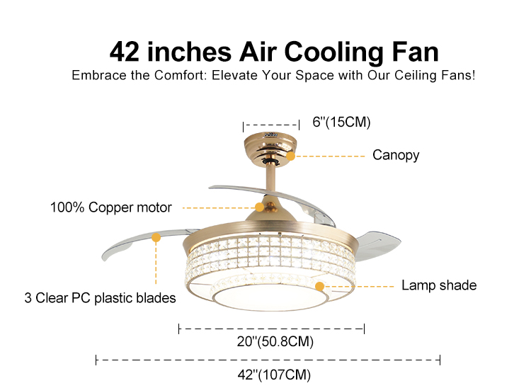 Home Office Function Air Conditioning LED Lighting Gold Ceiling Fan with Hidden Blades