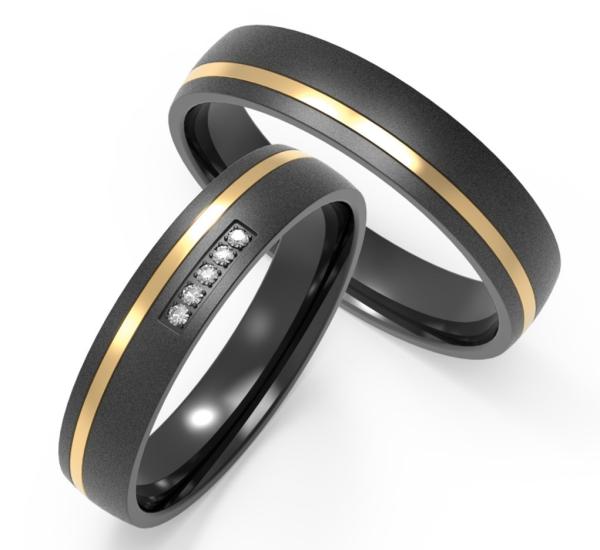 Polished Finish Couple Black Zirconium Ring IP Gold With Cubic Zirconia Two