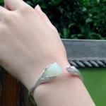Handcraft Sterling Silver Cuff Bracelet with Sculpted Natural Jade Gardenias