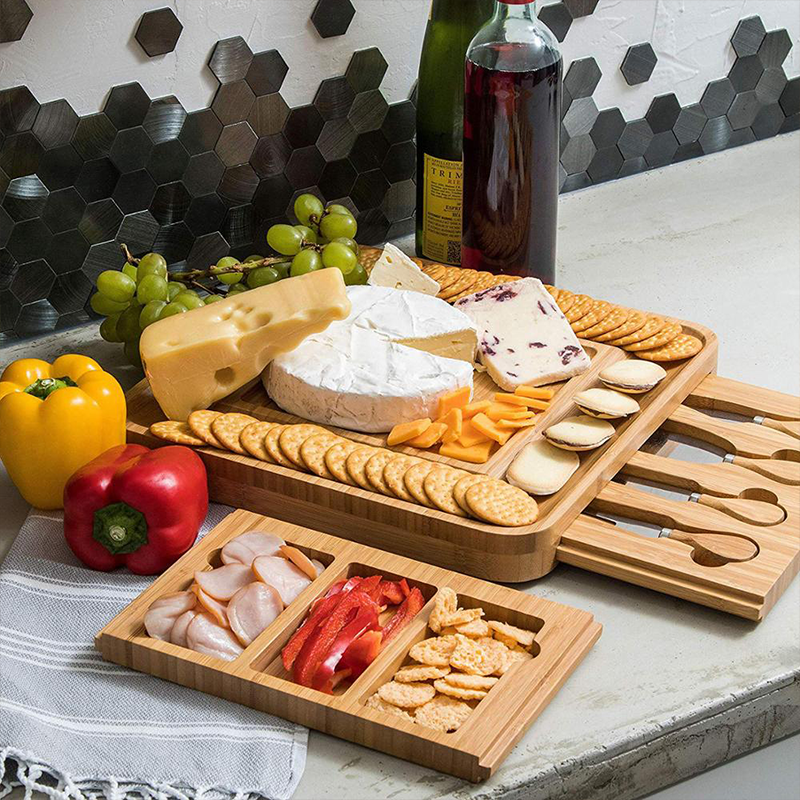 44x33x4cm Natural Wood Vegetable Chopper Bamboo Cutting Board Tray with 4 Drawers