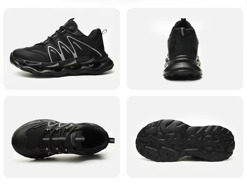 Breathable Microfiber Leather Mesh Safety Shoes With Kevlar Anti-stab Steel Toe And EVA Sole In Black