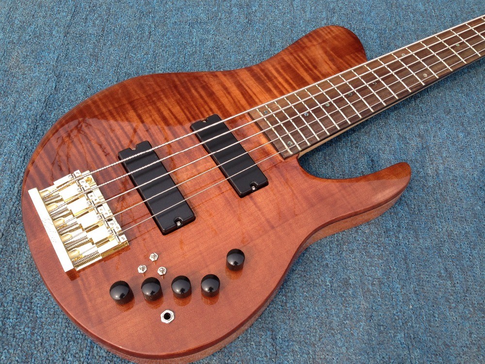 High End Flamed Maple Top Neck Through Body 5 strings gold Hardware Bass Guitar Guitarra custom bass guitar bass