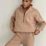 Fall Winter Women Plain Tracksuits Casual Two Piece Crop Top Hoodies and Pants