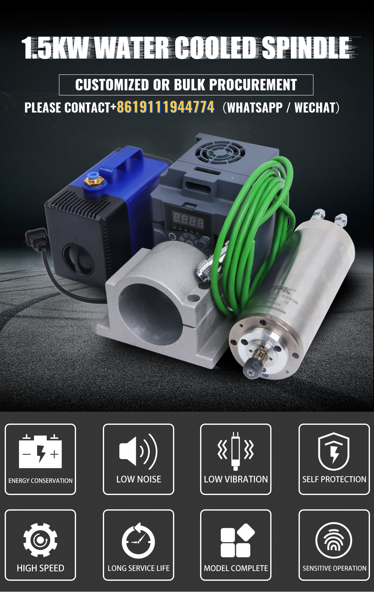 80mm Spindle Clamp Water Pump 1.5KW CNC Spindle Motor for Woodworking YFK Spindle Set