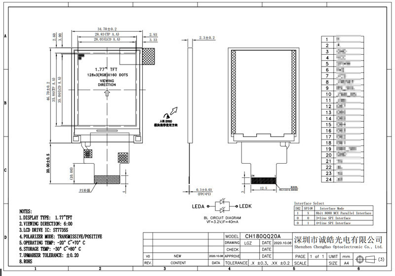 Colour 1.8 Inch TFT LCD Module TN Transmissive Normally White