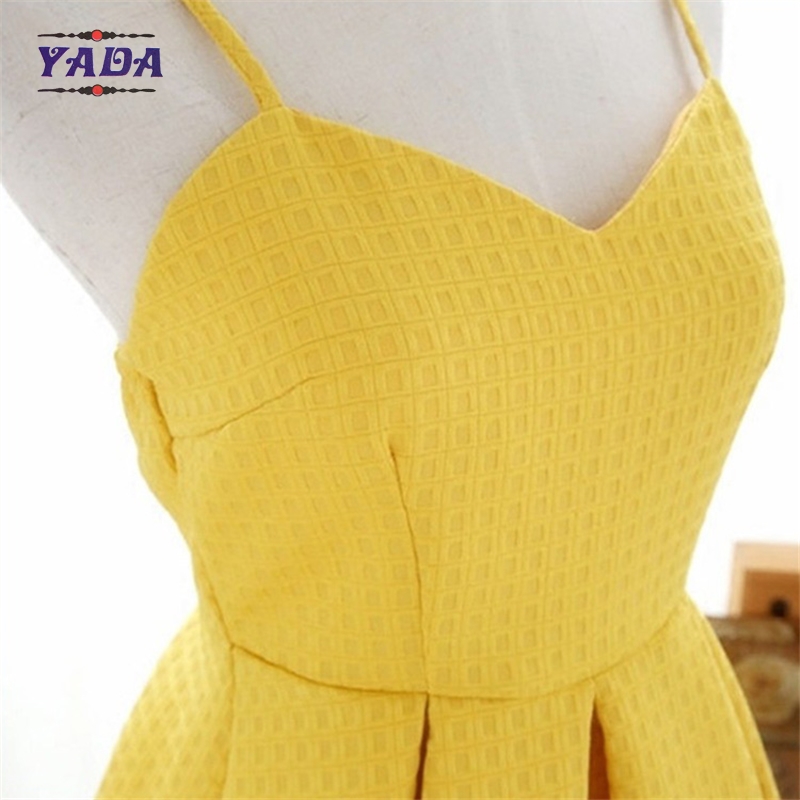 Korean style summer yellow spaghetti strap short umbrella ladies elegant dress cotton women dresses in cheap price