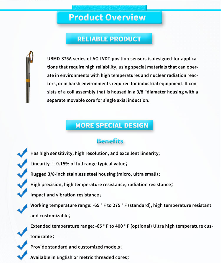 Customizable UNIVO UBMD-375AY High-Temperature LVDT Linear Displacement Sensor for Industrial