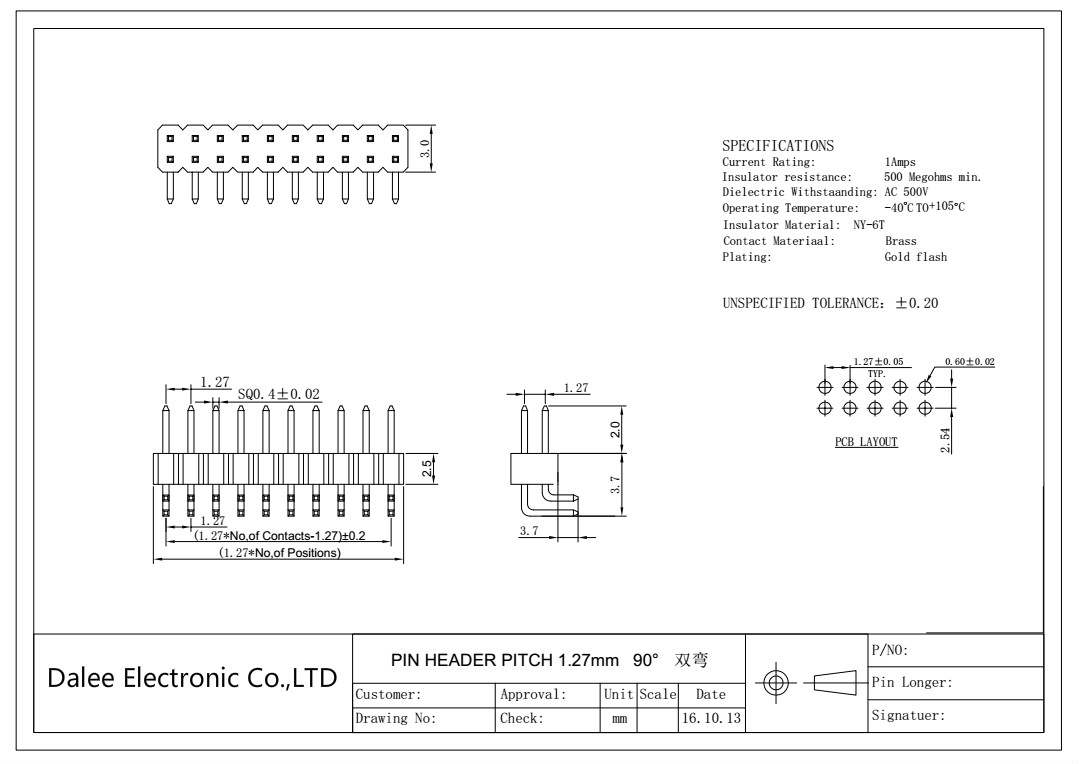 DIP 90° Type Electrical Cable Connectors 1.27mm Pitch ISO9001 Compliant