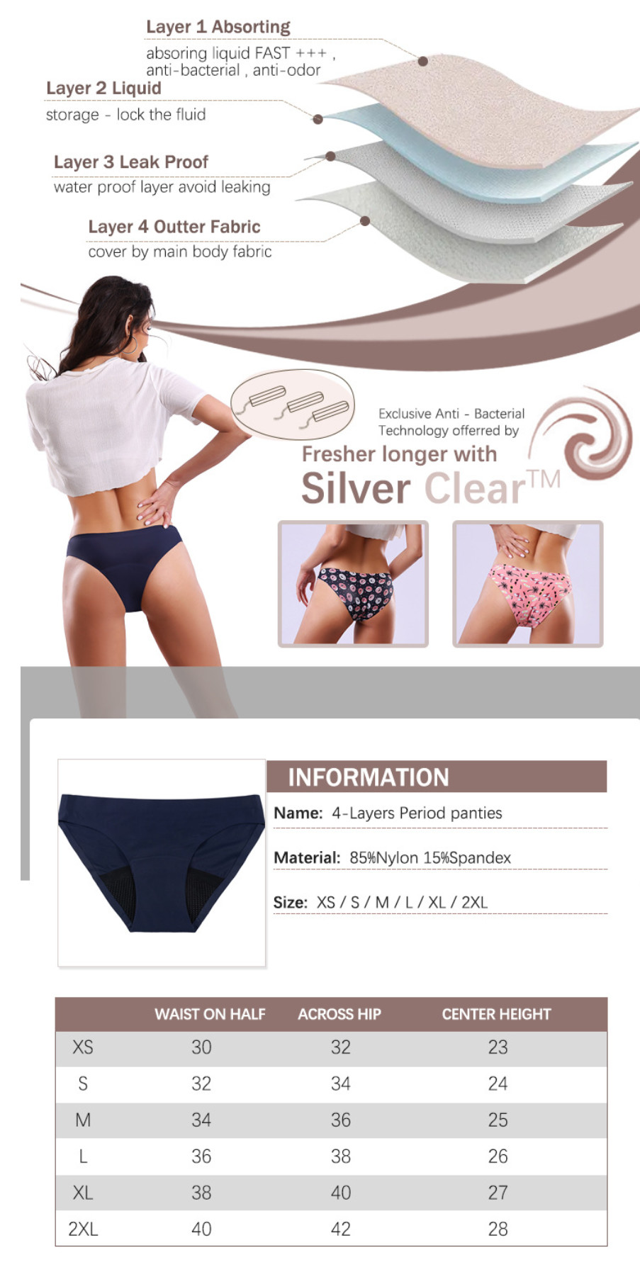 Ladies Teen Period Panties Reusable Teenager Underpants Super Stretchy Seamless Bikini 4 Layers
