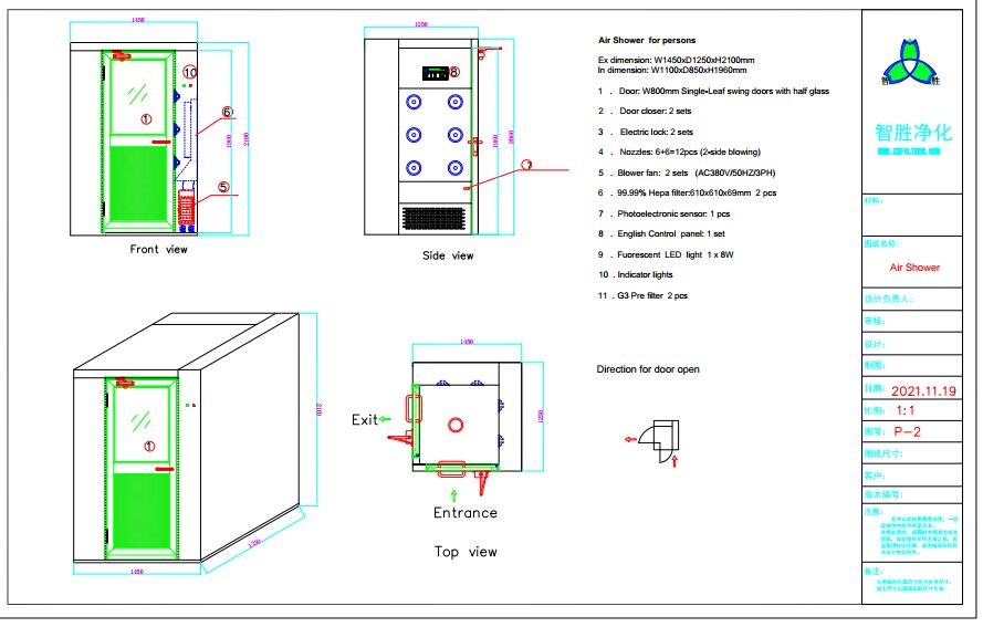 Corner Type / L Type SS 304 Air Shower Room For Materials