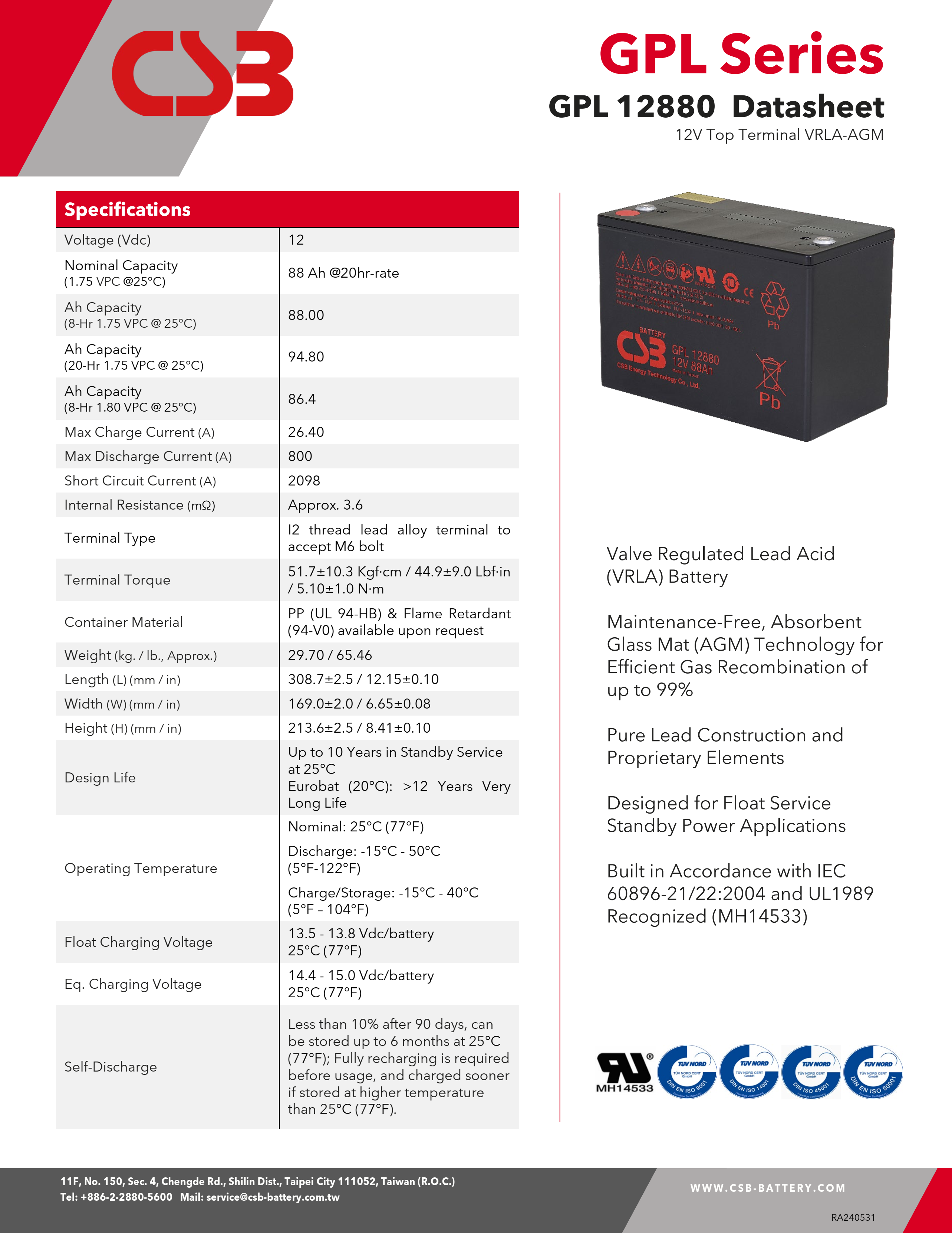 CSB GPL12880 12V 88Ah Maintenance-Free Sealed Lead-Acid Battery Valve-Regulated for Long-Lasting Performance