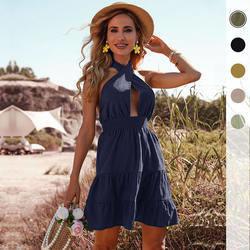 Quality Backless Sexy Summer Dresses Solid Color Ruffle Cross Haltercasual Tiered Dress wholesale