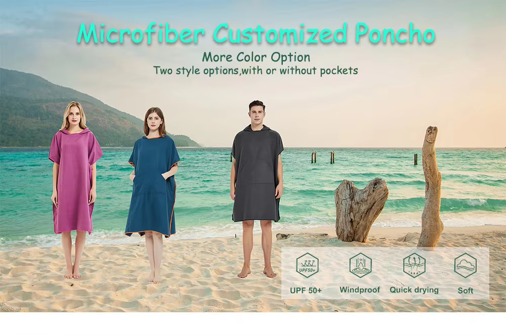 Custom Microfiber Seaside Surf Poncho Hood Logo Printed Compressed Design for Beach Changing Wetsuits Wholesale Microfiber Poncho Towel