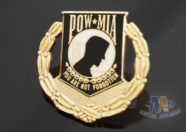 Custom Metal Hard Enamel Pow Mia Logo Lapel Pin Bages, Logo Effect Shiny Gold