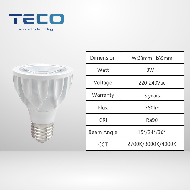 15Degree 2700K PAR20 Dimmable Led Light Bulbs PAR20 Pro E27 Base Metal LED Spot Light 8W