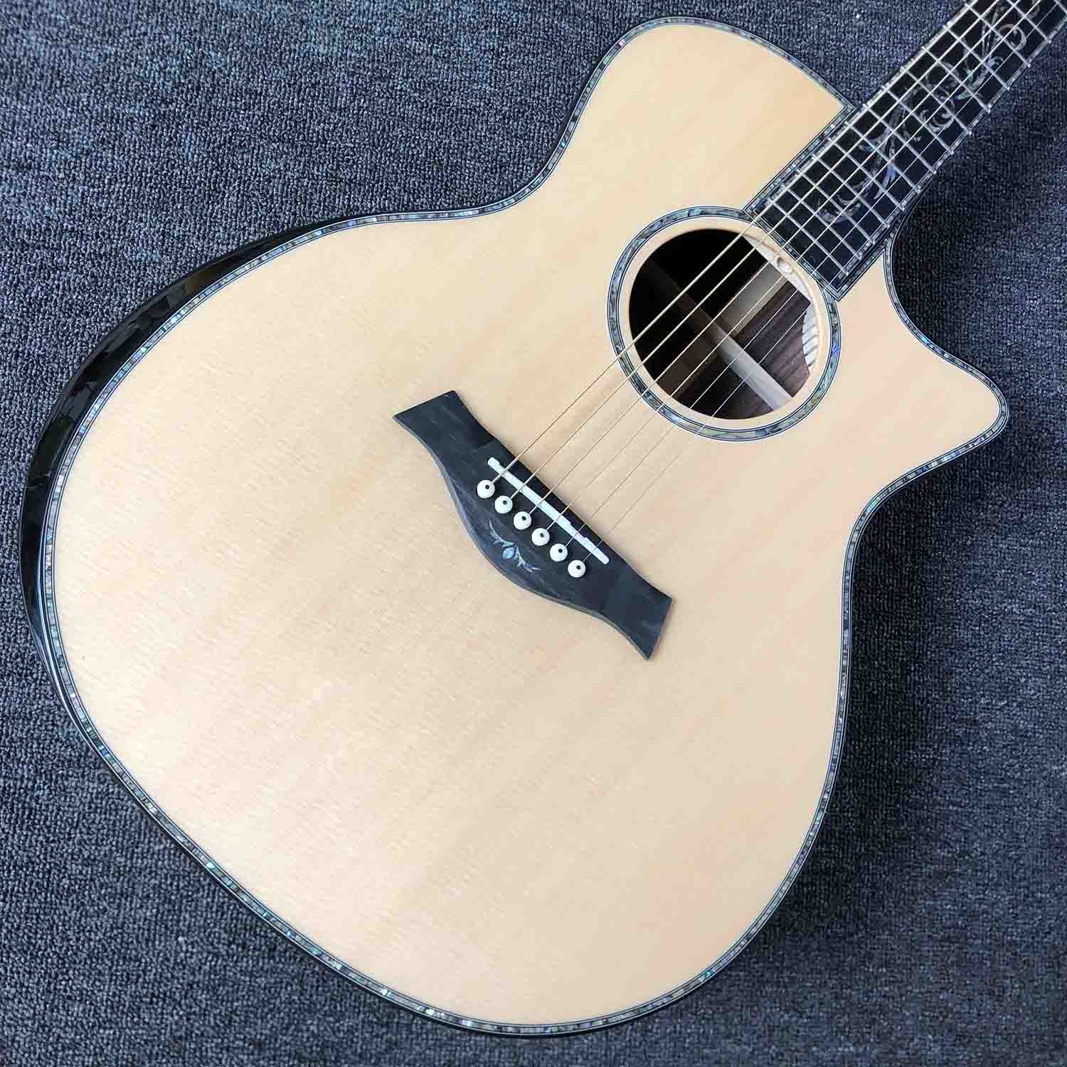 Ebony Fingerboard 41 Inch Acoustic Electric Guitar with Arm Rest Real Abalone AAAA Solid Spruce Top Cutaway Acoustic Gui