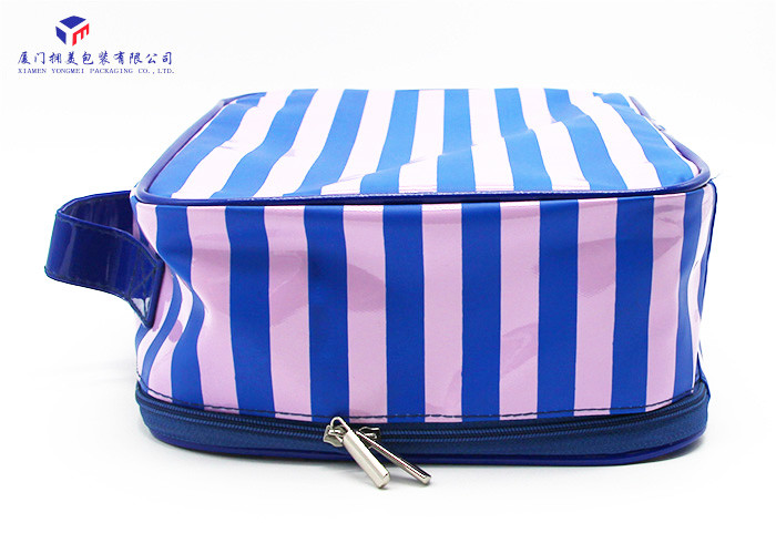 Pink / Blue Stripe Soft PVC Bags Blue Zipper With Two Metal Heads Reusable Design