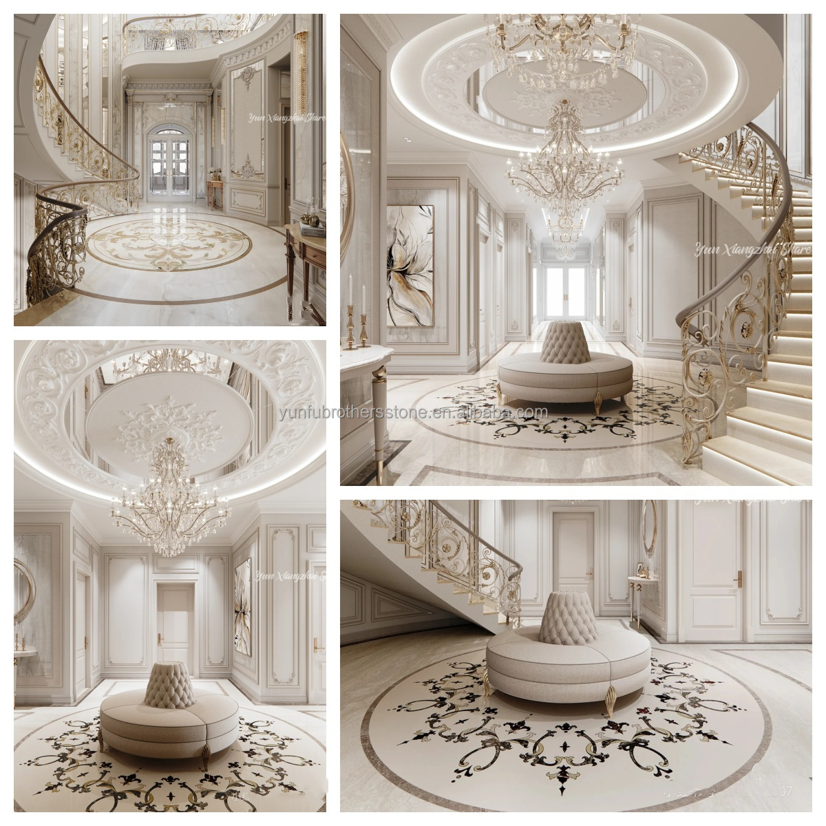 Modern Anti-Slip Beige Marble Waterjet Steps and Treads for Villas Spiral Staircase