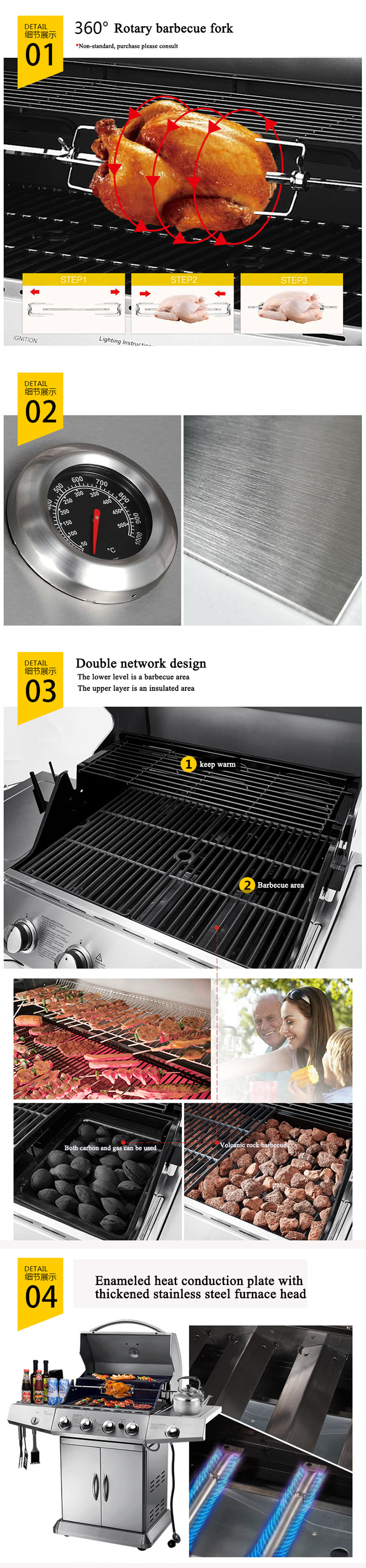 4 Burners Vertical Gas or Charcoal BBQ Grill Outdoor Home Garden Use