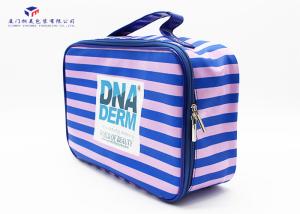 Quality Pink / Blue Stripe Soft PVC Bags Blue Zipper With Two Metal Heads Reusable Design wholesale
