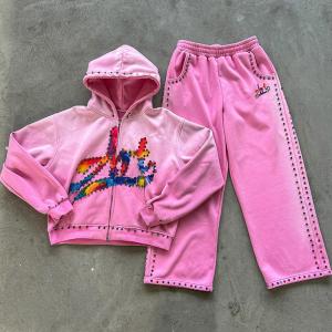 Quality Custom Pink Diamond Hoodie Set Rhinestone Acid Wash Vintage Embroidered Hoodies Sweat Pant Sweat Suits Hoodie And Sweatpants Set wholesale
