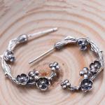 925 Silver Engraved Designs Flower Hoop Earrings with Pearl (055132)