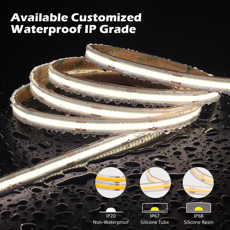 Waterproof IP65 IP67 IP68 COB LED Strip Lights CRI90 12V 24V Indoor Outdoor Dimmable Decoration 5M Flexible