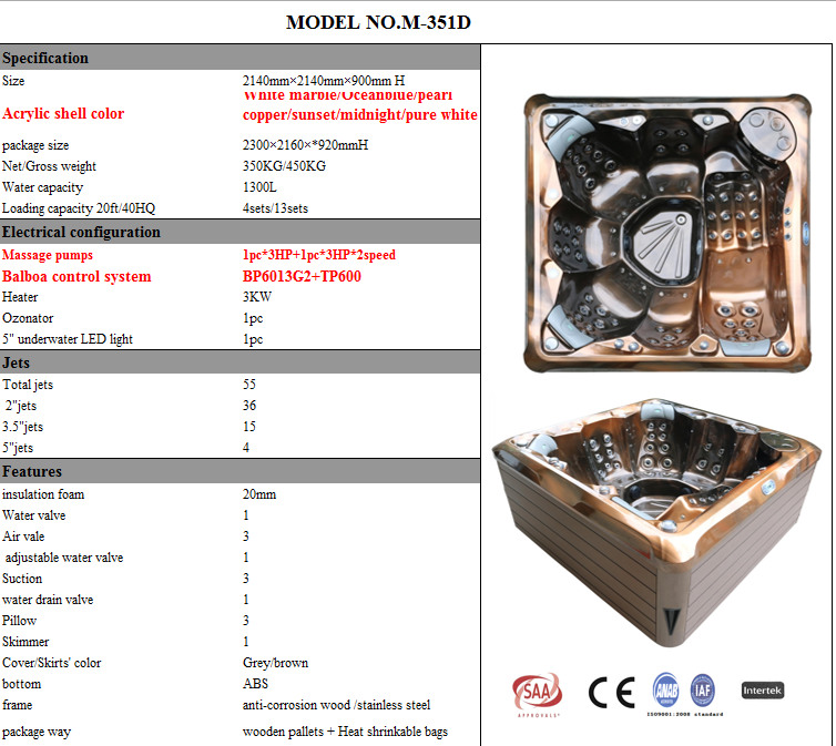 Wholesale Acrylic 6 Person Family Outdoor Hydro Massage Hot Tubs
