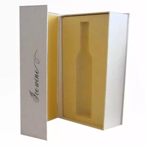 custom white single bottle red wine box with flocking tray hinged book shape