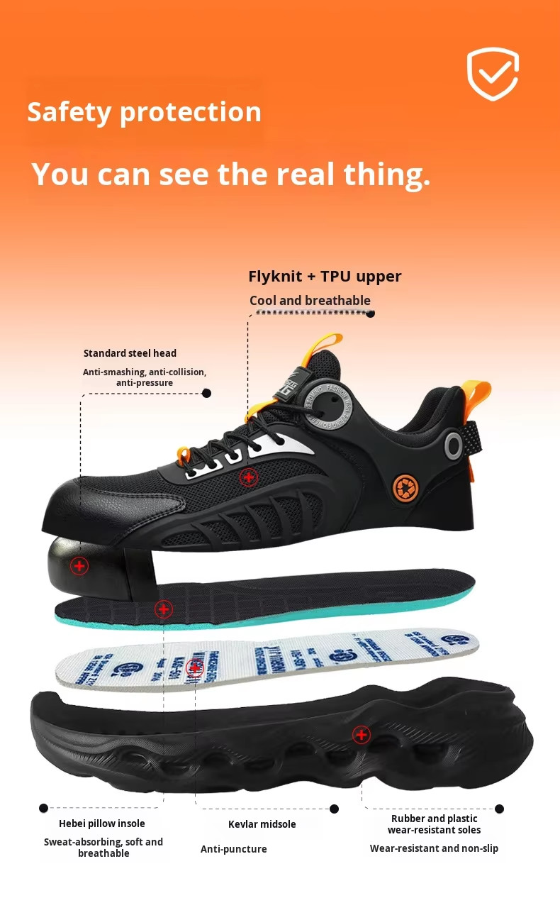 TPU Flying Knit Work Shoes With EVA Sole For Industrial Safety Kevlar Mid Sole Steel Toe Anti-stab And Anti-smash