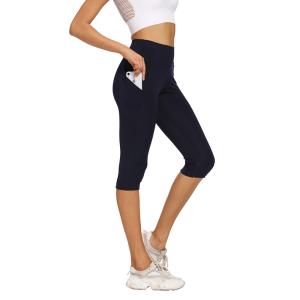 Quality Navy Blue Yoga Pants Short Length Gym Leggings For Women With Pockets wholesale