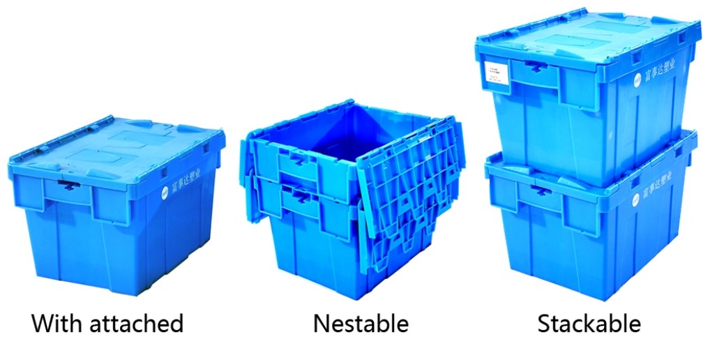 600*400*365mm Plastic Nestable Crate Attached Lid Containers Heavy Duty
