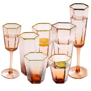 Quality Gold Rim Pink Water Goblets Handmade Wedding Champagne Glasses wholesale