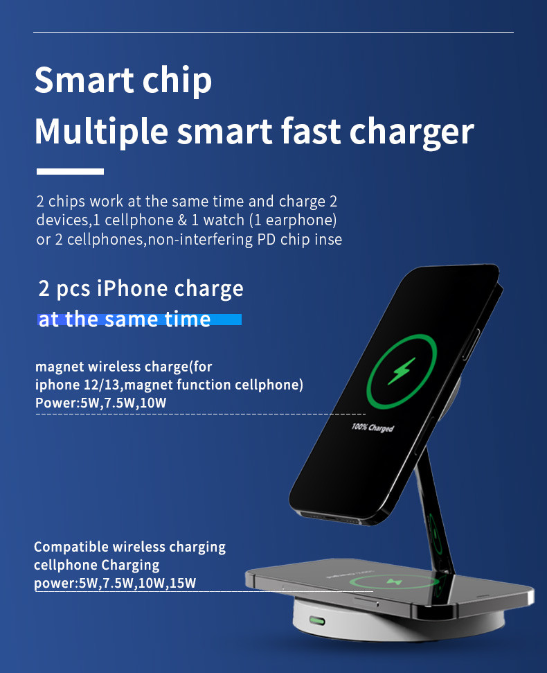 Zinc Alloy 3 In 1 Magnetic Wireless Charger Stand 15W Phone 3W Earphone Charging