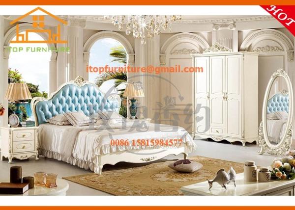 antique French best designer white solid wooden leather bedroom furniture sets