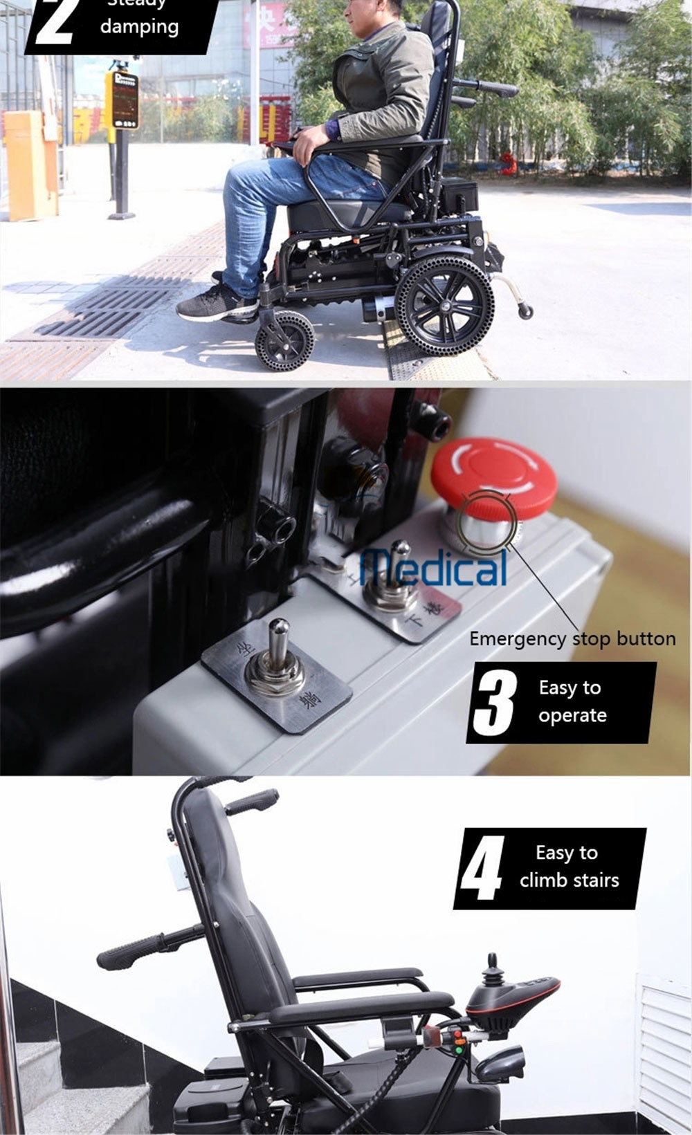 Portable Medical Transport Wheelchair Lightweight Disabled Electric Stair Clibing Wheelchair