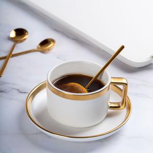 Quality Matte White Ceramic Porcelain Coffee Tea Cups Saucers Sets With Gold Handle 250ml Volume wholesale