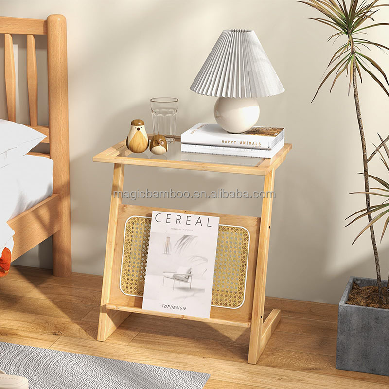 Natural Color Z-Shaped Bamboo And Rattan End Table With Glass Top And Magazine Rack