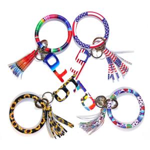 Quality PU Leather Circle 3 Inches Bangle Keychain Bracelet With Tassel wholesale