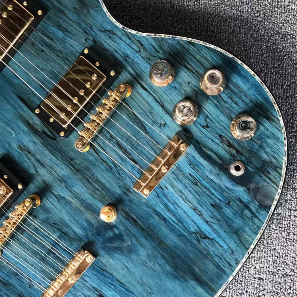 Top brand two head blue electric guitar with double neck and shell inlays
