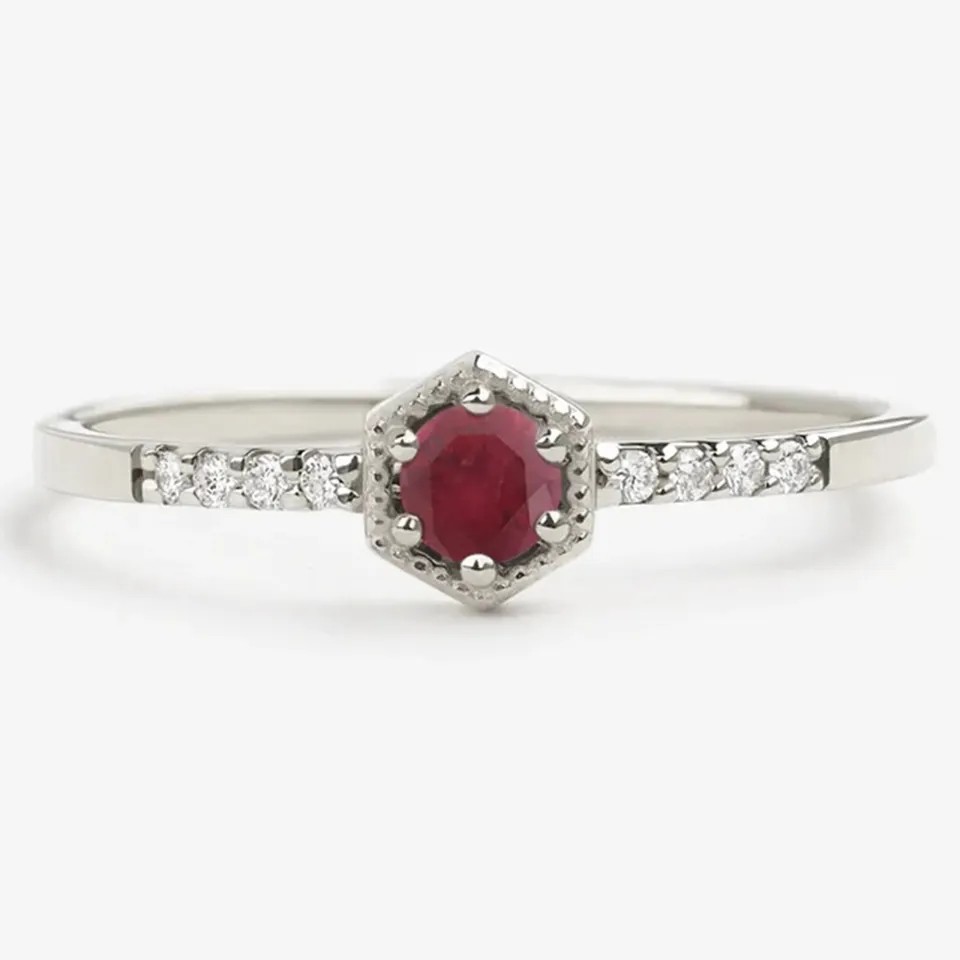 Gift Sterling Silver Natural Ruby Hexagon Minimal Engagement Ring Dainty Unique