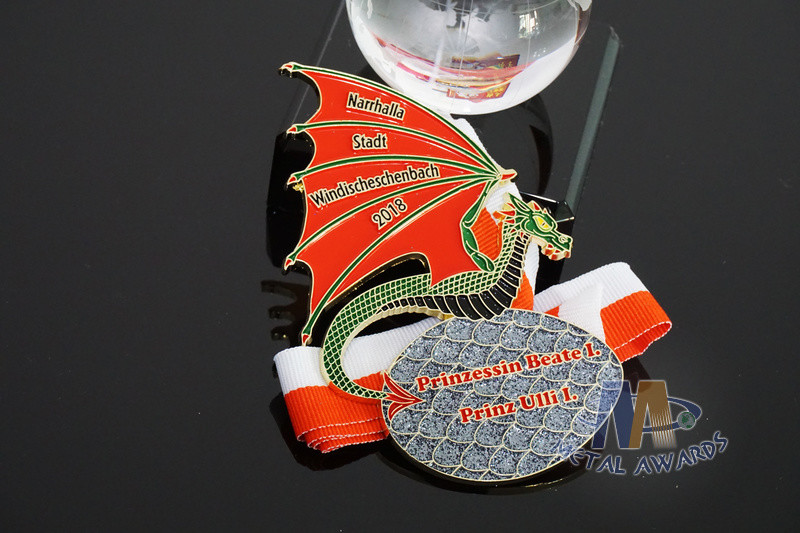 Soft Enamel Glitter Colors Custom Award Dragon Meadls Design Red / White Tripe Ribbon