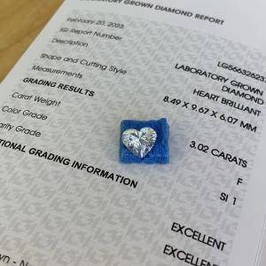 Quality 3.02ct Lab Grown Heart Shaped Diamond CVD F SI1 2EX N IGI LG566326237 wholesale