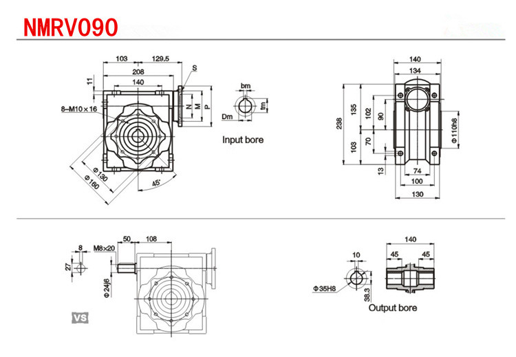 Output Flange Worm Gear Reducer Nmrv90 With Aluminium Alloy Square Housing