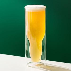 Quality 18 Ounce Etched Double Wall Drinking Glass Upside Down Borosilicate Beer Glass wholesale
