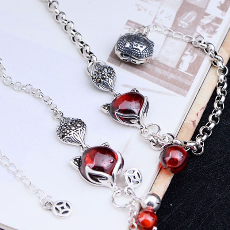925 Sterling Silver Synthetic Garnet Fox Charm Link Bracelets(B20180411084)